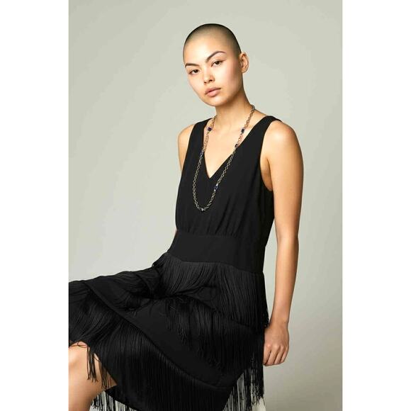 Vintage Lilli Diamond Black Fringe Cocktail Dress 60s 70s Crepe Slvless Flapper - Picture 2 of 6